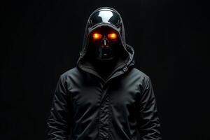 person with helmet glasses and coat jacket on black background photo