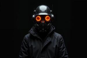 person with helmet glasses and coat jacket on black background photo
