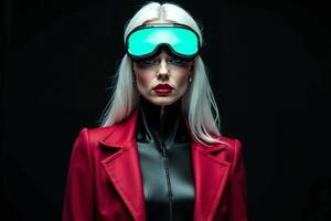 person with helmet glasses and coat jacket on black background photo
