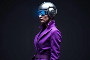 person with helmet glasses and coat jacket on black background photo