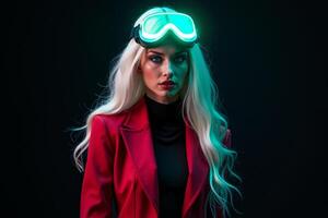 person with helmet glasses and coat jacket on black background photo