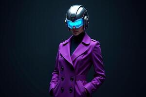 person with helmet glasses and coat jacket on black background photo