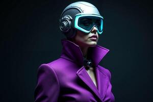 person with helmet glasses and coat jacket on black background photo