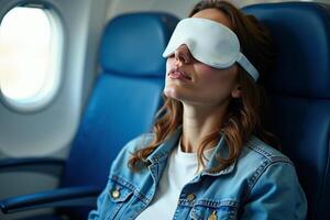 person sitting relax with blindfold and window plane in background photo