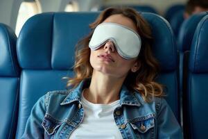 person sitting relax with blindfold and window plane in background photo