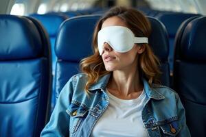 person sitting relax with blindfold and window plane in background photo