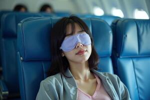 person sitting relax with blindfold and window plane in background photo