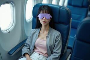 person sitting relax with blindfold and window plane in background photo