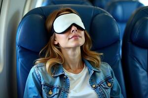 person sitting relax with blindfold and window plane in background photo