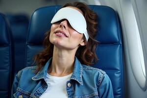 person sitting relax with blindfold and window plane in background photo