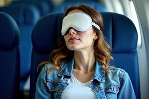 person sitting relax with blindfold and window plane in background photo