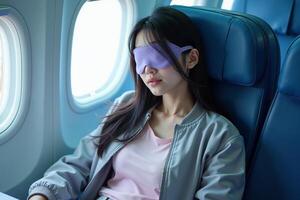 person sitting relax with blindfold and window plane in background photo