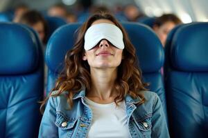 person sitting relax with blindfold and window plane in background photo