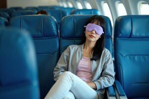person sitting relax with blindfold and window plane in background photo
