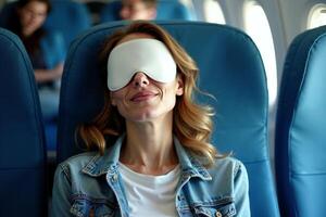 person sitting relax with blindfold and window plane in background photo