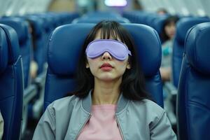 person sitting relax with blindfold and window plane in background photo