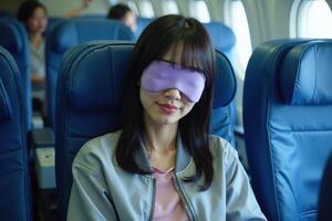 person sitting relax with blindfold and window plane in background photo