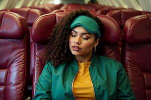 person sitting relax with blindfold and window plane in background photo