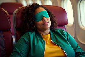 person sitting relax with blindfold and window plane in background photo