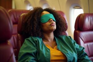 person sitting relax with blindfold and window plane in background photo