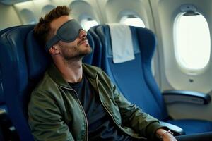 person sitting relax with blindfold and window plane in background photo