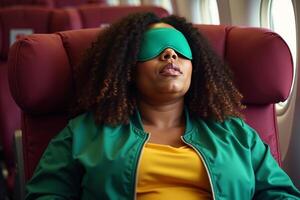 person sitting relax with blindfold and window plane in background photo