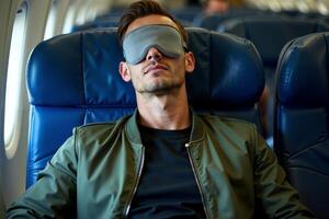 person sitting relax with blindfold and window plane in background photo