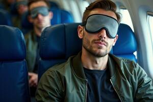 person sitting relax with blindfold and window plane in background photo