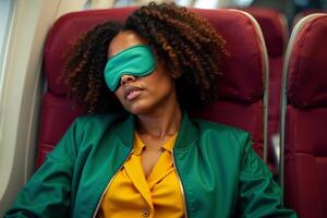 person sitting relax with blindfold and window plane in background photo
