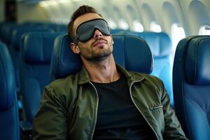 person sitting relax with blindfold and window plane in background photo