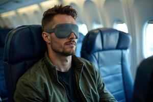 person sitting relax with blindfold and window plane in background photo