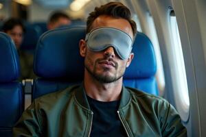 person sitting relax with blindfold and window plane in background photo