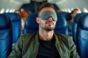 person sitting relax with blindfold and window plane in background photo