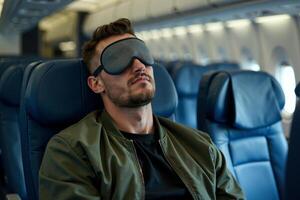 person sitting relax with blindfold and window plane in background photo