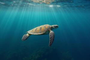 sea turtle in deep dark sea ocean photo