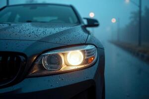 front bumper and car headlight of car with rain drop water at night photo