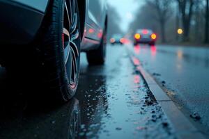 wheel tire of car with rain drop water at night photo
