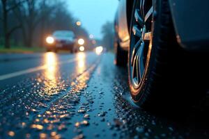 wheel tire of car with rain drop water at night photo