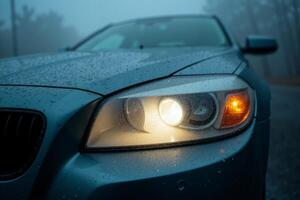 front bumper and car headlight of car with rain drop water at night photo