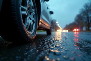 wheel tire of car with rain drop water at night photo