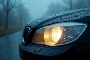 front bumper and car headlight of car with rain drop water at night photo