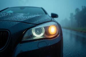 front bumper and car headlight of car with rain drop water at night photo