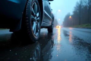wheel tire of car with rain drop water at night photo