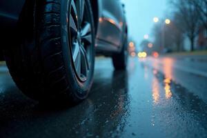 wheel tire of car with rain drop water at night photo