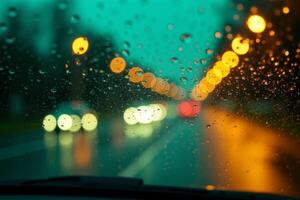 windscreen of car with rain drop water at night photo