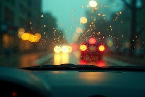 windscreen of car with rain drop water at night photo
