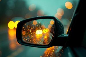 front mirror of car with rain drop water at night photo