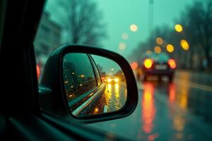 front mirror of car with rain drop water at night photo