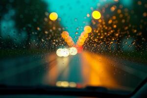 windscreen of car with rain drop water at night photo