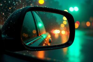 front mirror of car with rain drop water at night photo
